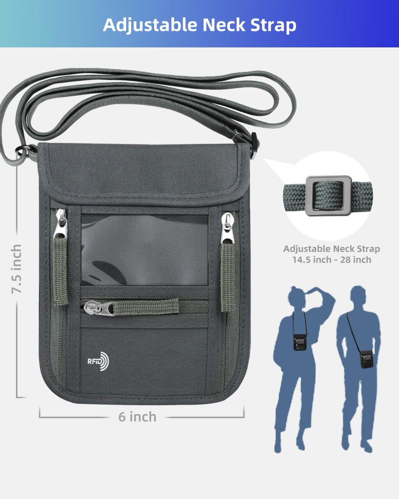 WALNEW Passport Holder Neck Pouch Travel Wallet for Women and Men, RFID Blocking Security Slim Traveling Wallet with Around Neck Lanyard Strap, Gray - Image 2